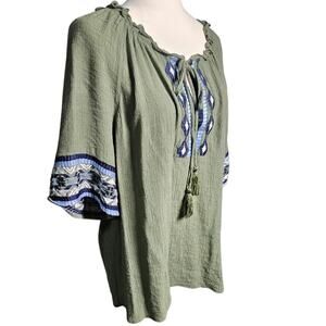 Gauzey Green Aztek Embroidered Blouse New Directions Size XL PTP 22.5 Length 28